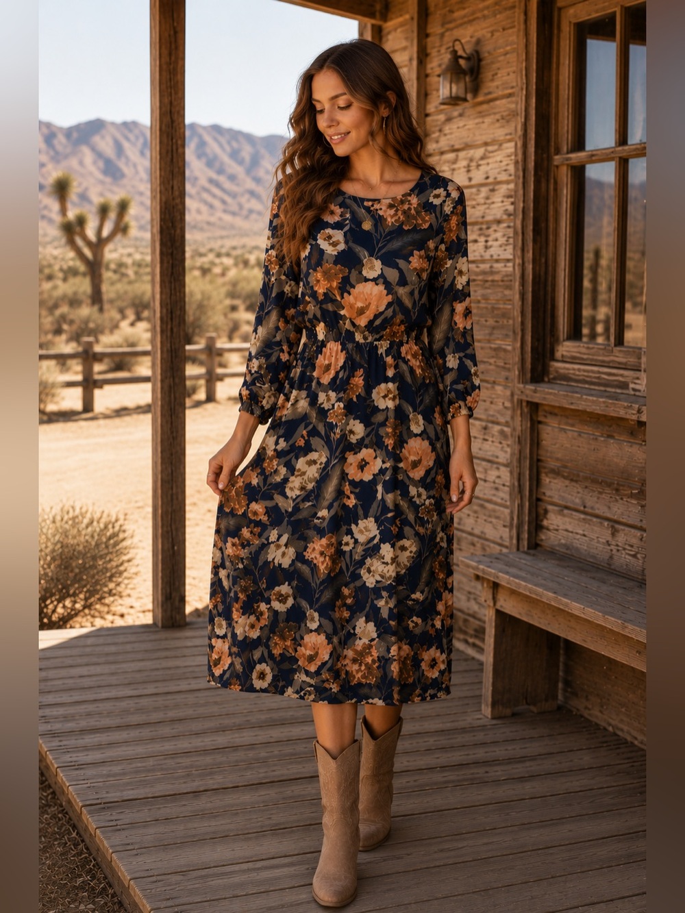 Freeway Navy Blue Floral Midi boho Long Sleeve Dress Size Small